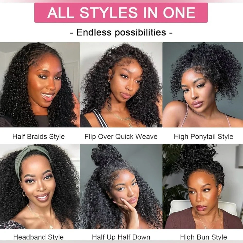 Natural Black Kinky Curly Human Hair 26 Inch Glueless Half Wig